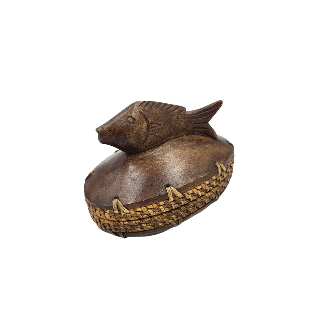 Vintage Wooden Rattan Trim Footed Trinket Box Hand Carved Fish Hinged Wicker Lid
